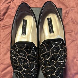 Steven by Steve Madden  Women's Black and Gold Embellished Loafers